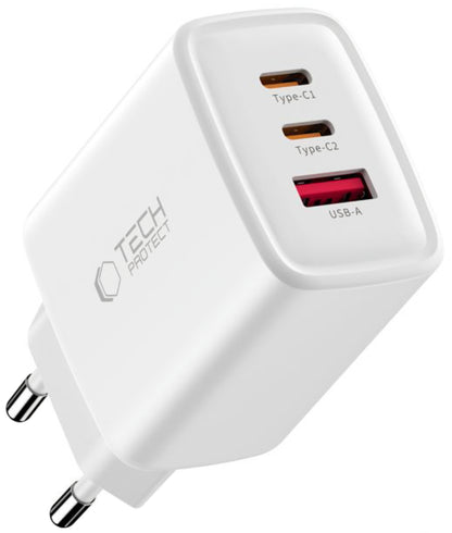 Punjač mreže Tech-Protect NCA65W, 65W, 3A, 1 x USB-A - 2 x USB-C, Bijeli