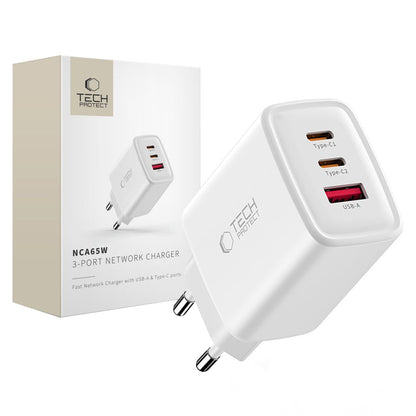 Punjač mreže Tech-Protect NCA65W, 65W, 3A, 1 x USB-A - 2 x USB-C, Bijeli