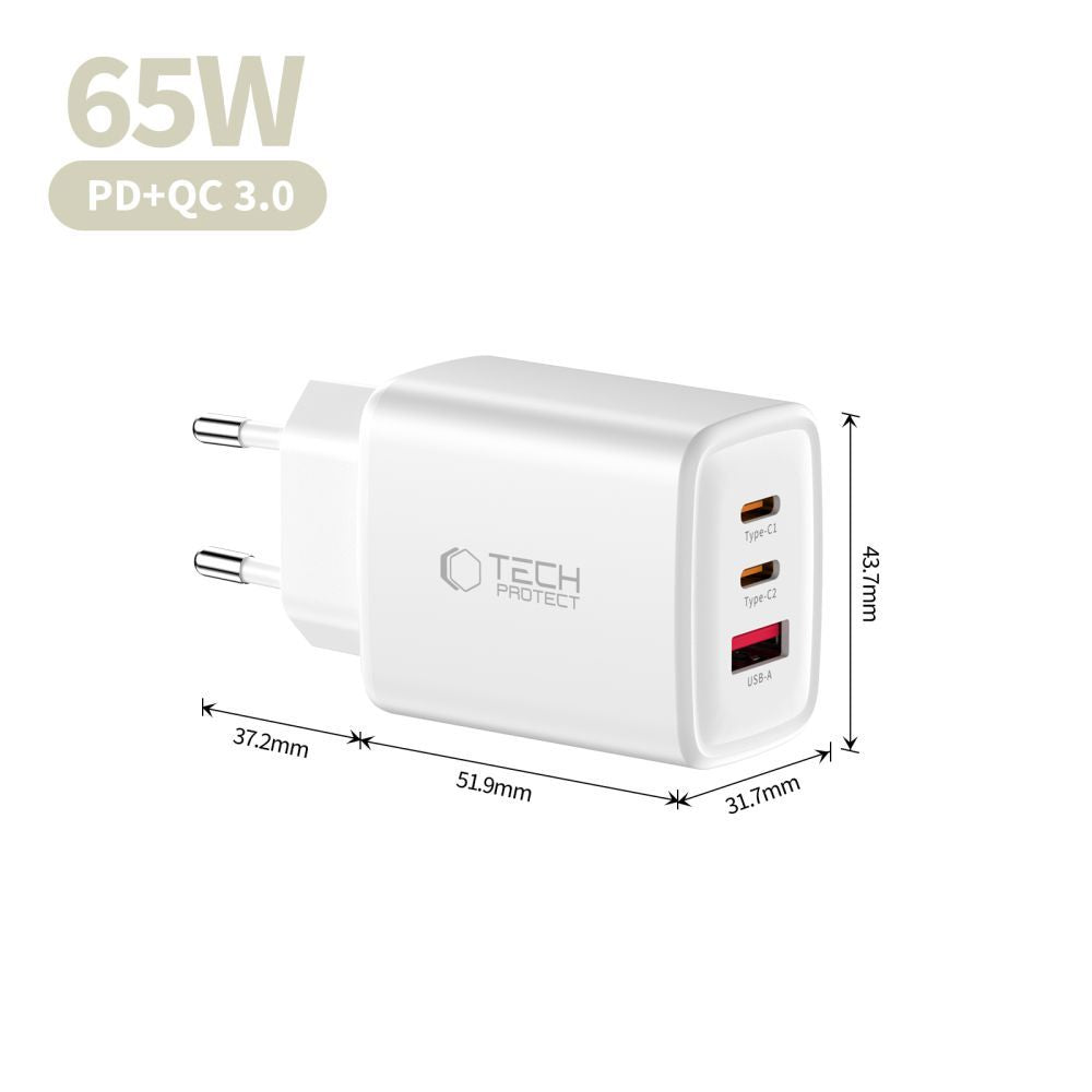 Punjač mreže Tech-Protect NCA65W, 65W, 3A, 1 x USB-A - 2 x USB-C, Bijeli