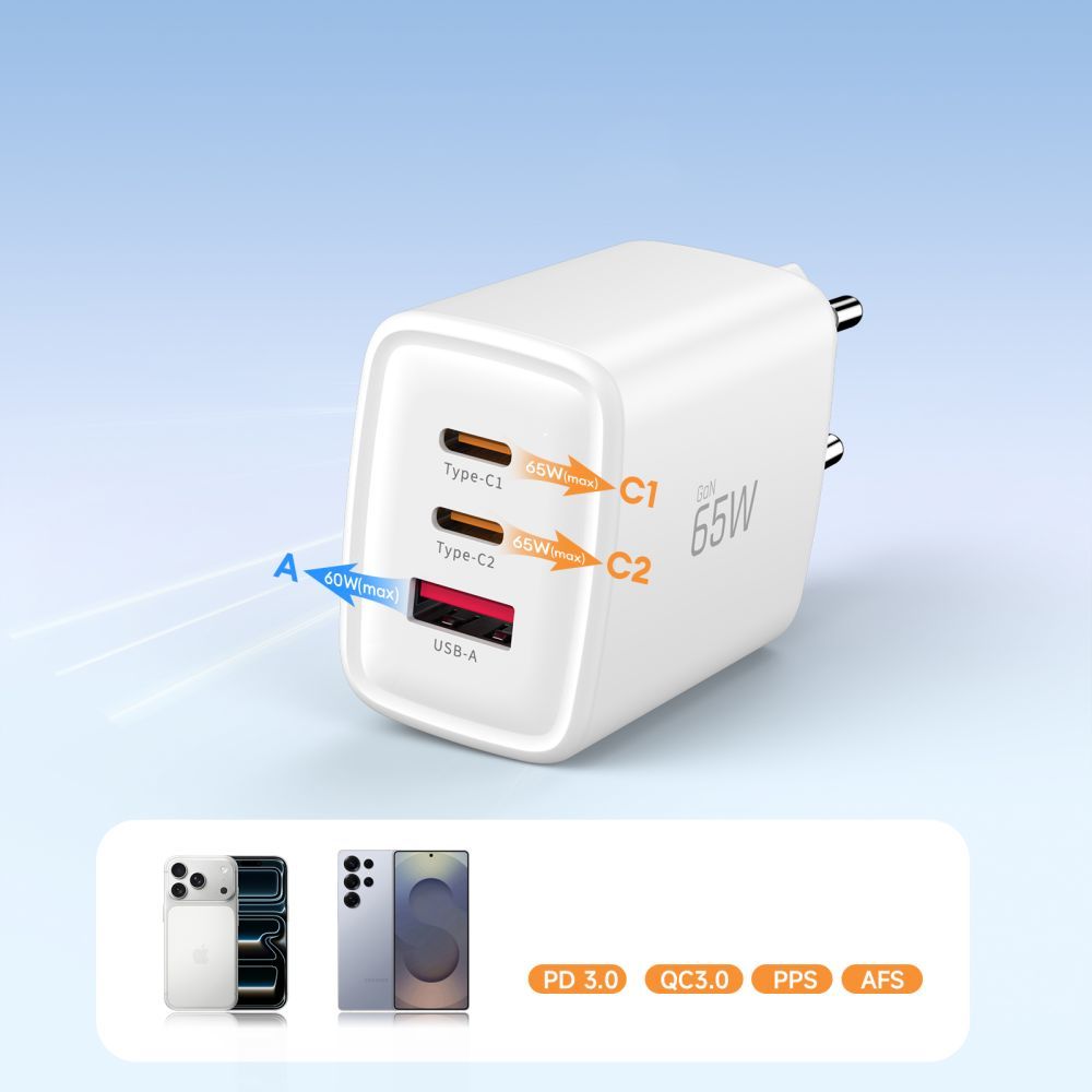 Punjač mreže Tech-Protect NCA65W, 65W, 3A, 1 x USB-A - 2 x USB-C, Bijeli