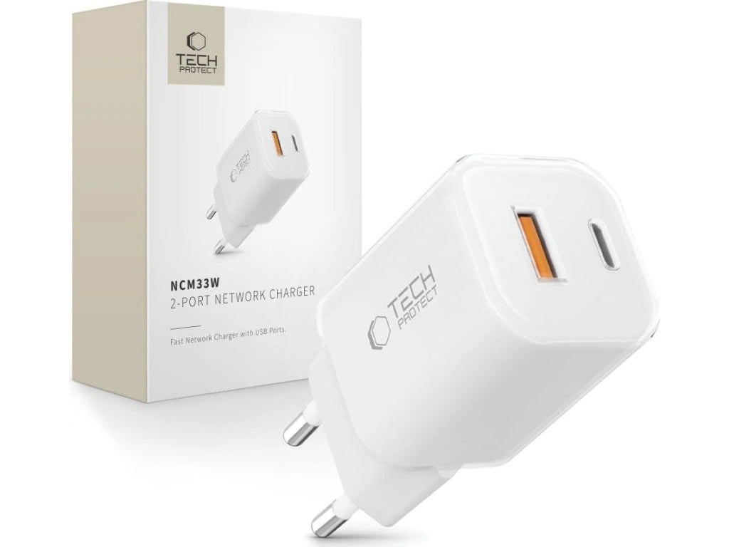 Punjač mreže Tech-Protect NCM33W, 33W, 3A, 1 x USB-A - 1 x USB-C, Bijeli
