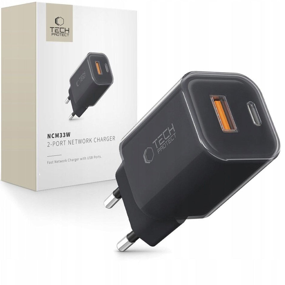 Punjač mreže Tech-Protect NCM33W, 33W, 3A, 1 x USB-A - 1 x USB-C, Crni