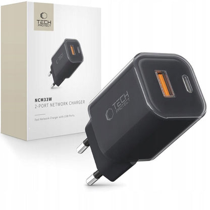 Punjač mreže Tech-Protect NCM33W, 33W, 3A, 1 x USB-A - 1 x USB-C, Crni
