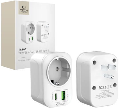 Punjač mreže Tech-Protect TA100 Travel US, 20W, 3A, 1 x Schuko - 1 x USB-A - 1 x USB-C, Bijeli