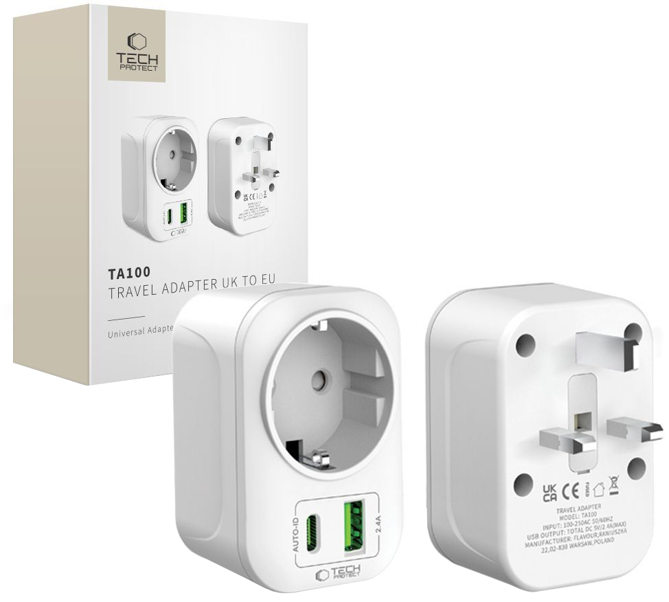 Punjač mreže Tech-Protect TA100 Travel UK, 20W, 3A, 1 x Schuko - 1 x USB-A - 1 x USB-C, Bijeli