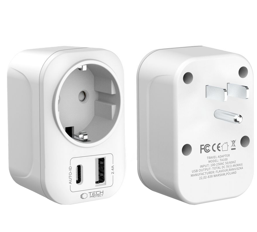Punjač mreže Tech-Protect TA100 Travel US, 20W, 3A, 1 x Schuko - 1 x USB-A - 1 x USB-C, Bijeli
