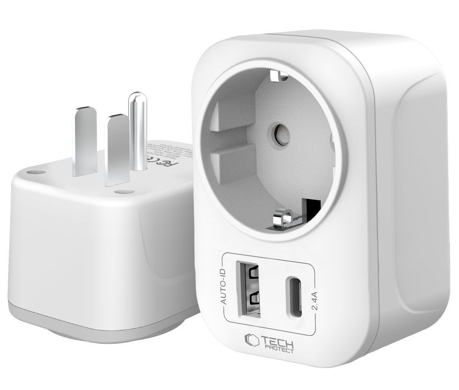 Punjač mreže Tech-Protect TA100 Travel US, 20W, 3A, 1 x Schuko - 1 x USB-A - 1 x USB-C, Bijeli