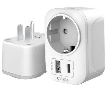 Punjač mreže Tech-Protect TA100 Travel US, 20W, 3A, 1 x Schuko - 1 x USB-A - 1 x USB-C, Bijeli