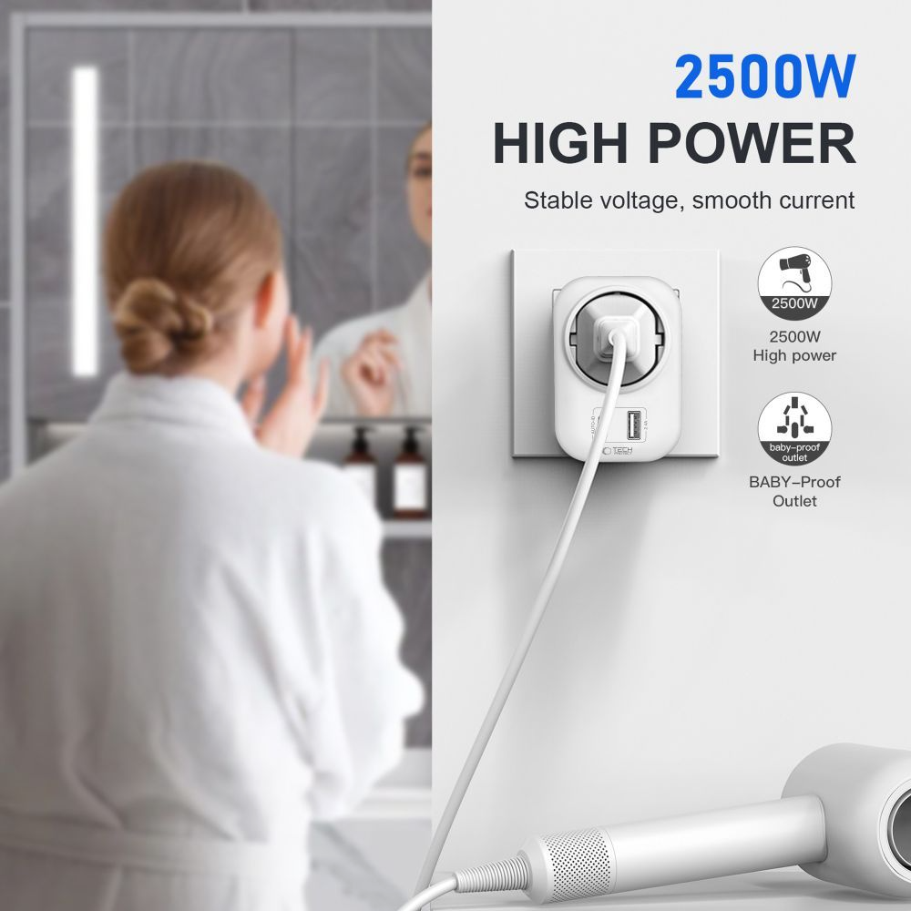Punjač mreže Tech-Protect TA100 Travel US, 20W, 3A, 1 x Schuko - 1 x USB-A - 1 x USB-C, Bijeli