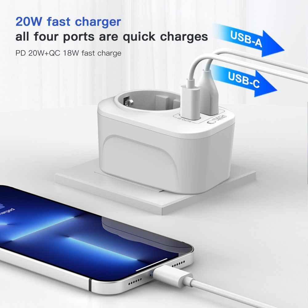 Punjač mreže Tech-Protect TA100 Travel US, 20W, 3A, 1 x Schuko - 1 x USB-A - 1 x USB-C, Bijeli