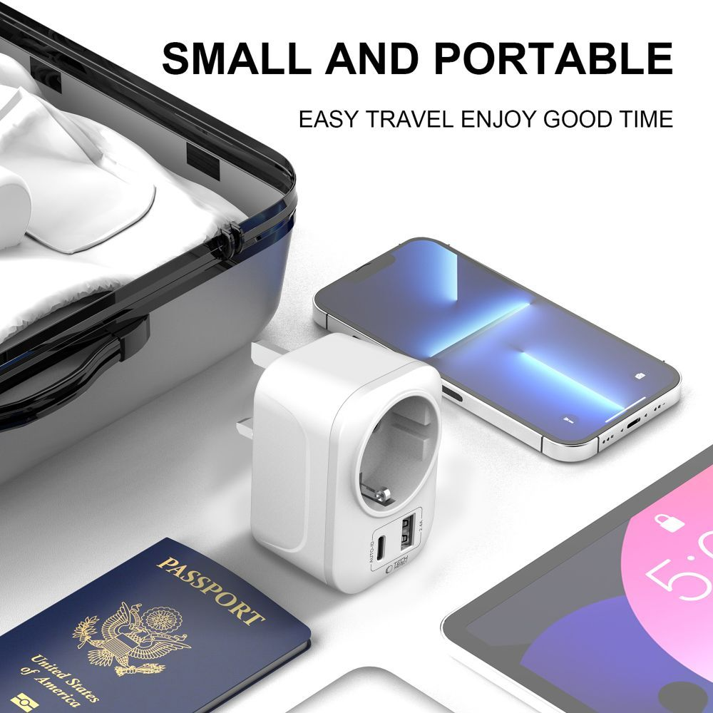 Punjač mreže Tech-Protect TA100 Travel UK, 20W, 3A, 1 x Schuko - 1 x USB-A - 1 x USB-C, Bijeli