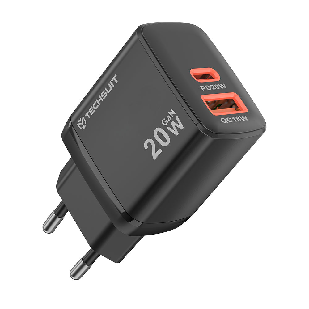 Mrežni punjač Techsuit CH2 Duonix, 20W, 3A, 1 x USB-A - 1 x USB-C, Crni