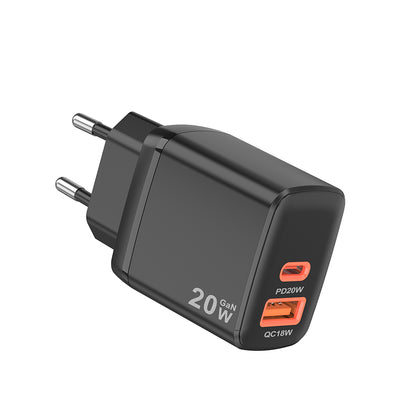 Mrežni punjač Techsuit CH2 Duonix, 20W, 3A, 1 x USB-A - 1 x USB-C, Crni
