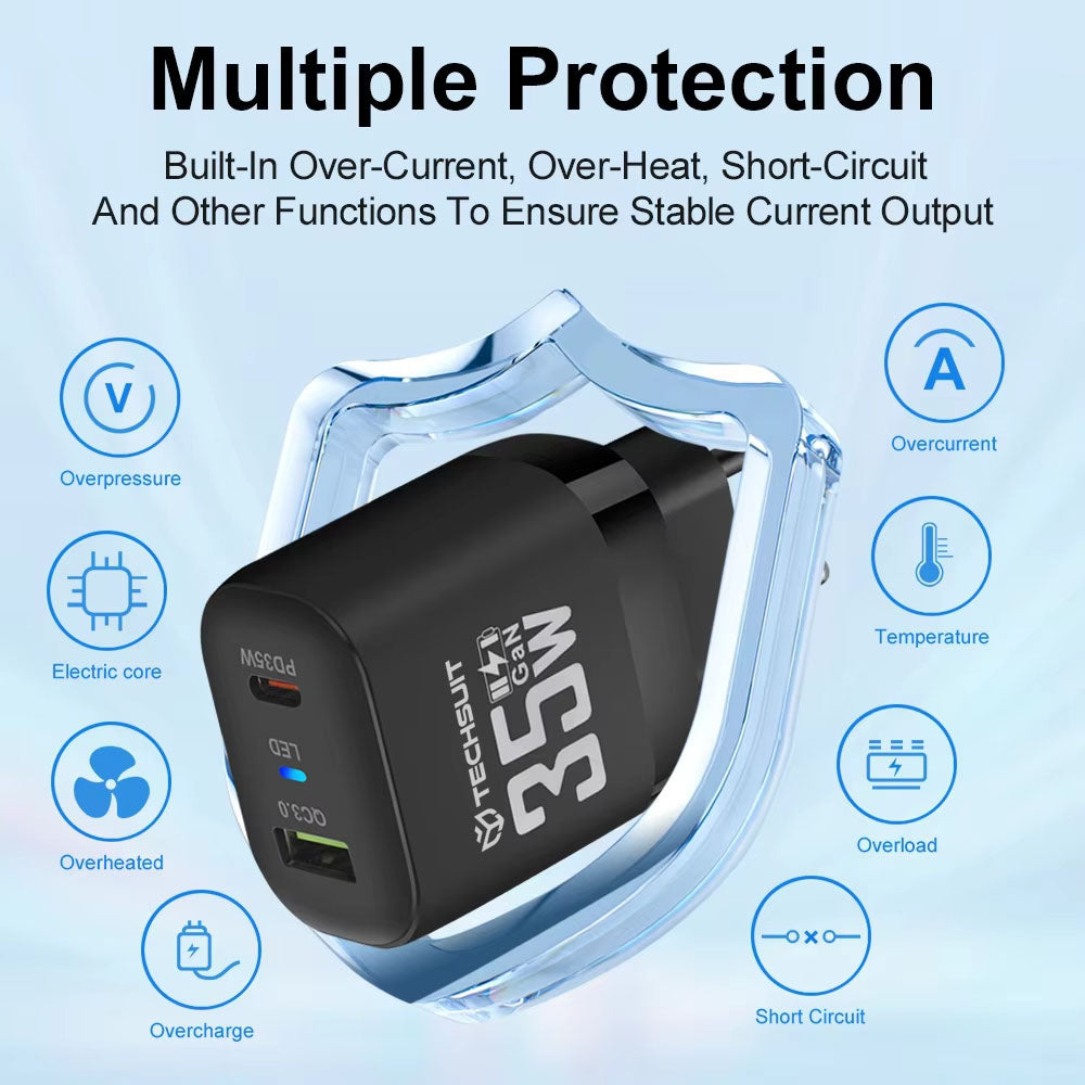 Punjač mreže Techsuit CHPD174, 35W, 3A, 1 x USB-A - 1 x USB-C, Crni