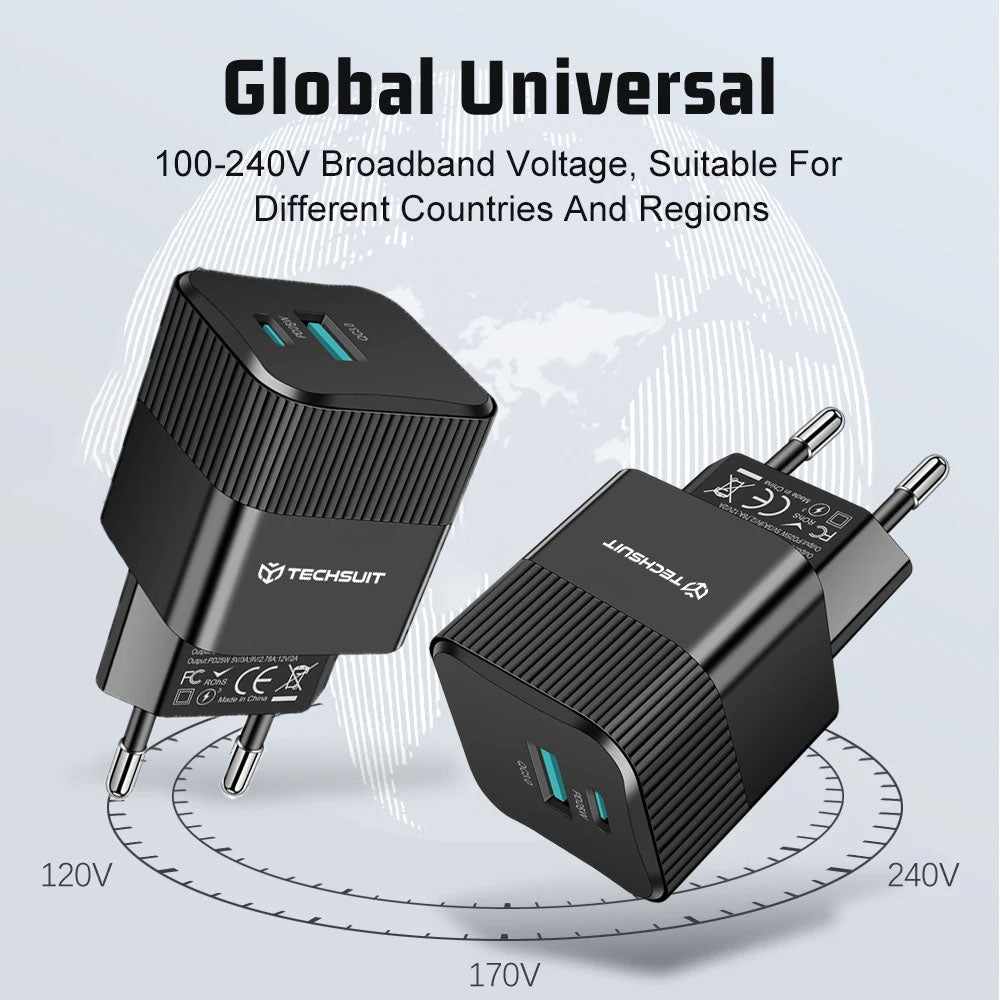 Punjač mreže Techsuit CHPD216 Tiny, 25W, 3A, 1 x USB-A - 1 x USB-C, Bijeli