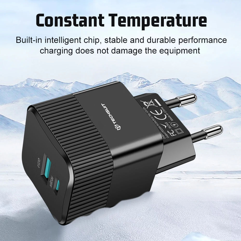 Punjač mreže Techsuit CHPD216 Tiny, 25W, 3A, 1 x USB-A - 1 x USB-C, Crni