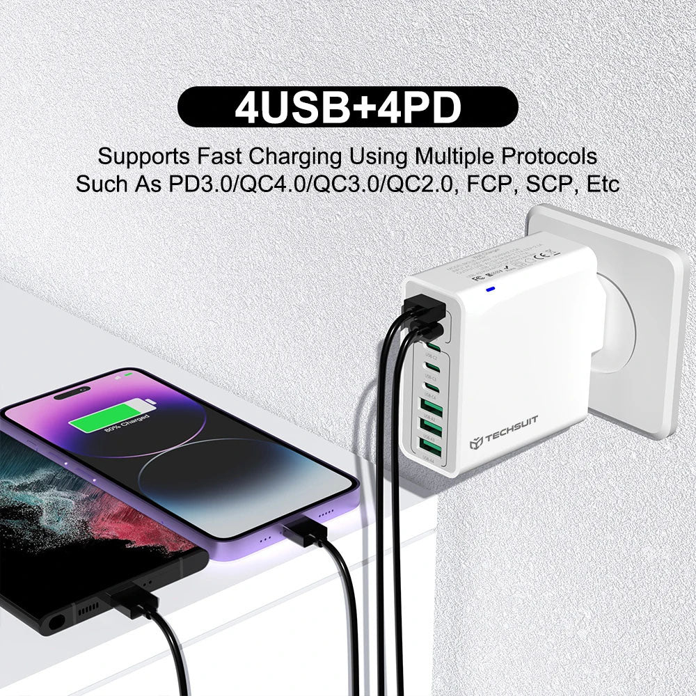 Mrežni punjač Techsuit CHPD224, 65W, 3.25A, 4 x USB-A - 4 x USB-C, Bijeli
