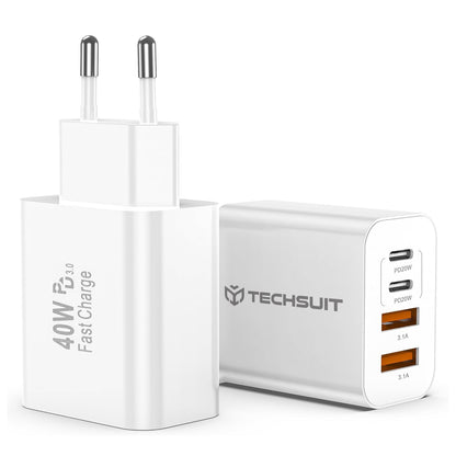 Punjač mreže Techsuit PowerXQuad CH4, 40W, 3A, 2 x USB-A - 2 x USB-C, Bijeli
