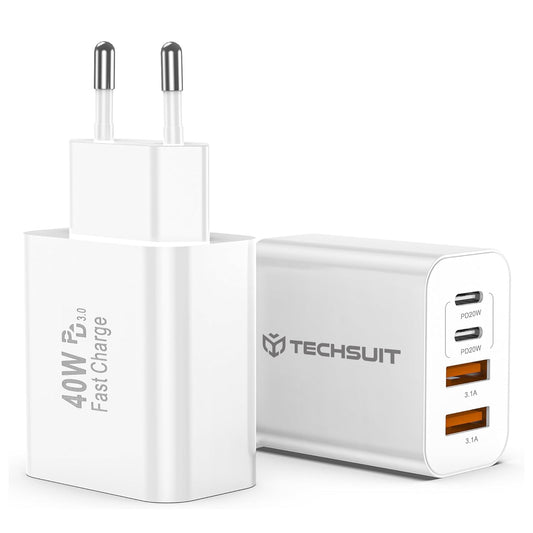Punjač mreže Techsuit PowerXQuad CH4, 40W, 3A, 2 x USB-A - 2 x USB-C, Bijeli