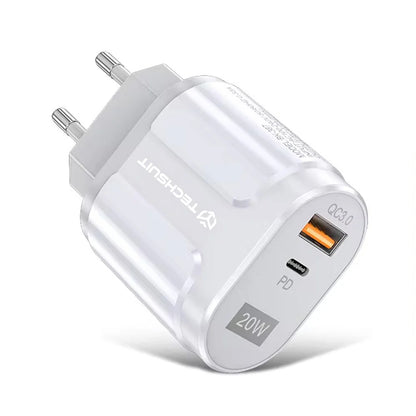 Punjač mreže Techsuit Premium, 20W, 3A, 1 x USB-A - 1 x USB-C, Bijeli