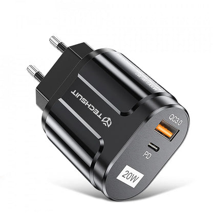 Punjač mreže Techsuit Premium, 20W, 3A, 1 x USB-A - 1 x USB-C, Crni CHPD038