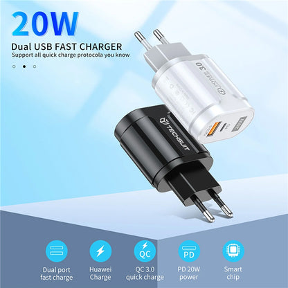 Punjač mreže Techsuit Premium, 20W, 3A, 1 x USB-A - 1 x USB-C, Bijeli