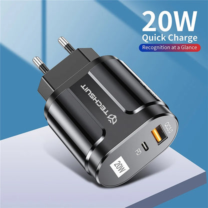 Punjač mreže Techsuit Premium, 20W, 3A, 1 x USB-A - 1 x USB-C, Bijeli