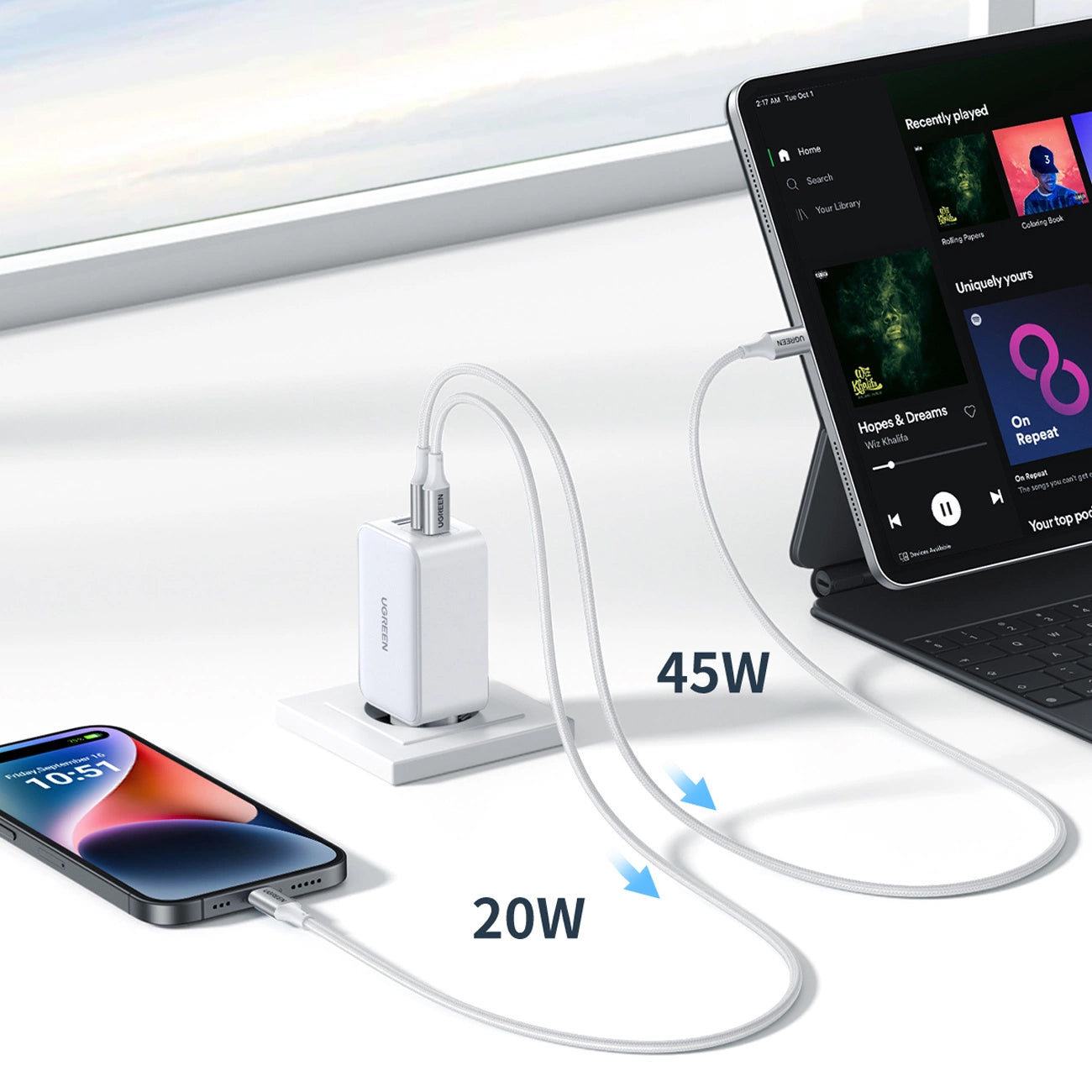 Punjač za mrežu UGREEN CD244, 65W, 3A, 1 x USB-A - 2 x USB-C, Bijeli