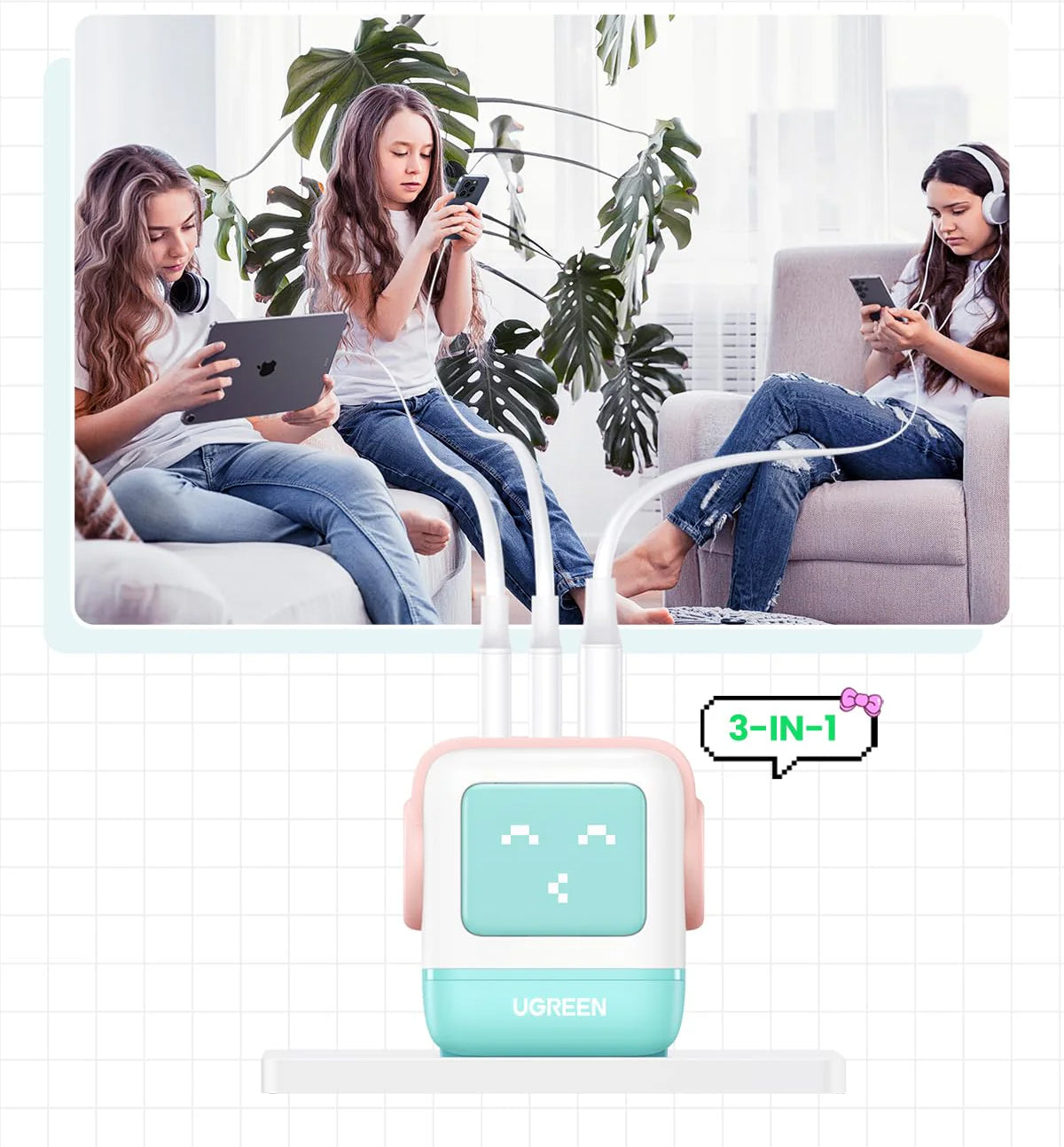 Punjač za mrežu UGREEN CD361 Uno, 65W, 3.25A, 1 x USB-A - 2 x USB-C, tirkizan