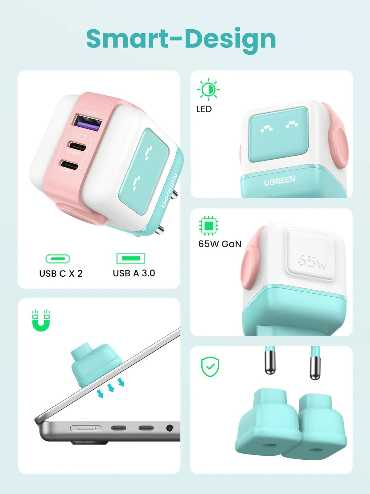 Punjač za mrežu UGREEN CD361 Uno, 65W, 3.25A, 1 x USB-A - 2 x USB-C, tirkizan