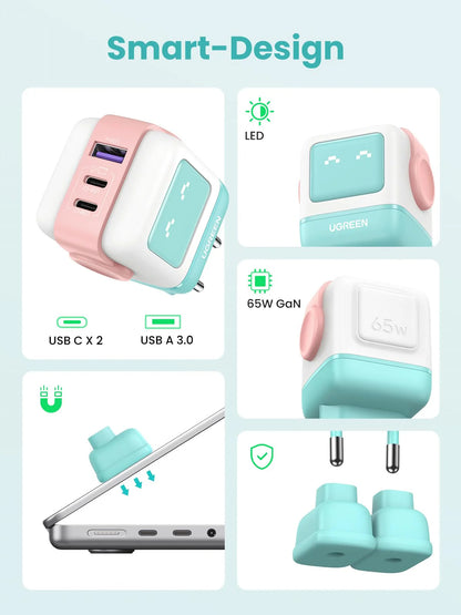 Punjač za mrežu UGREEN CD361 Uno, 65W, 3.25A, 1 x USB-A - 2 x USB-C, tirkizan