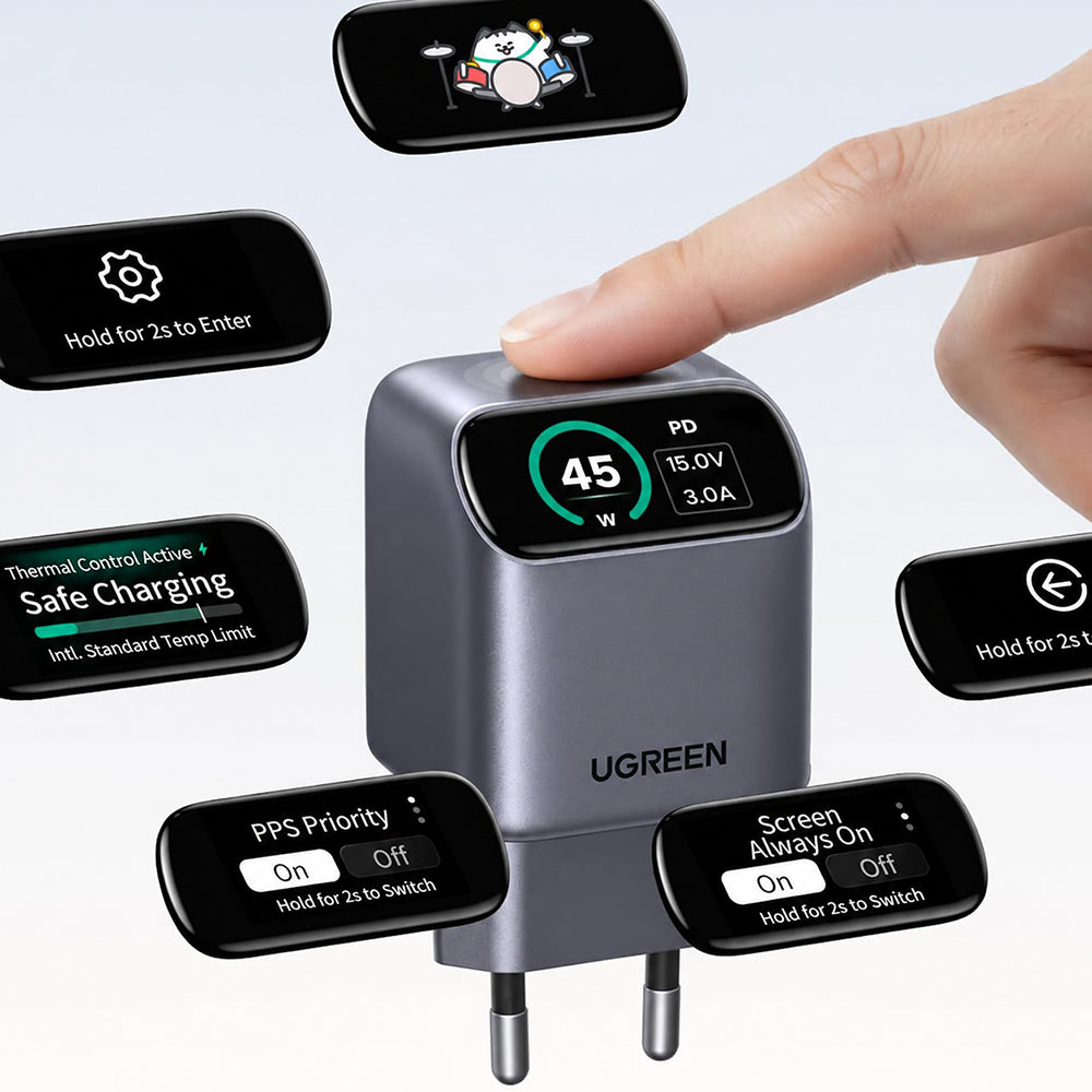 Mrežni punjač UGREEN Nexode Pro X740 (25419B) s zaslonom, 45 W, 3 A, 1 × USB-C, sivi
