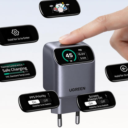 Mrežni punjač UGREEN Nexode Pro X740 (25419B) s zaslonom, 45 W, 3 A, 1 × USB-C, sivi