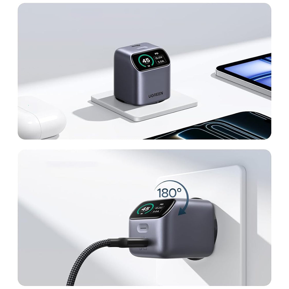 Mrežni punjač UGREEN Nexode Pro X740 (25419B) s zaslonom, 45 W, 3 A, 1 × USB-C, sivi