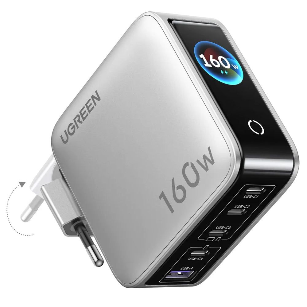 UGREEN Nexode Pro X774 (65637B) mrežni punjač sa zaslonom, 160 W, 5 A, 1 x USB-A – 4 x USB-C, sivi