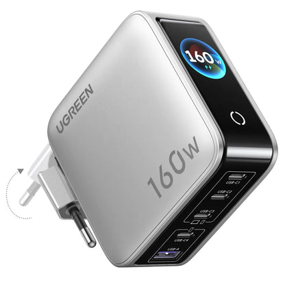 UGREEN Nexode Pro X774 (65637B) mrežni punjač sa zaslonom, 160 W, 5 A, 1 x USB-A – 4 x USB-C, sivi