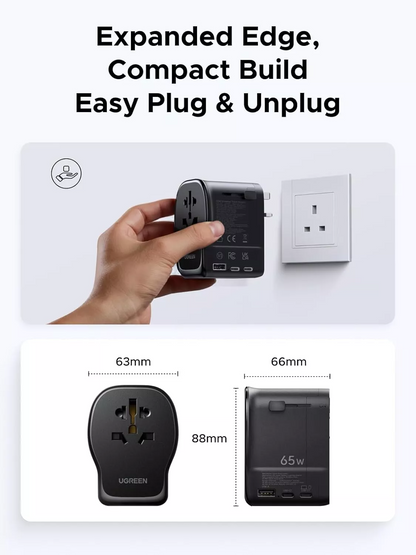 UGREEN Travel S550 mrežni punjač (55001), 65W, 3.25A, 1 x USB-A - 2 x USB-C, Crna