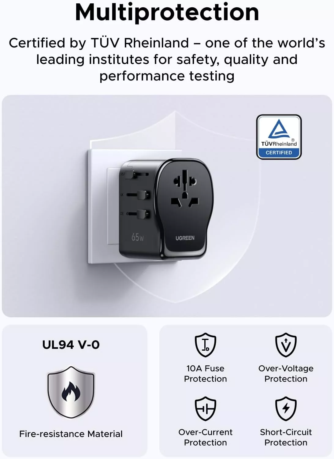 UGREEN Travel S550 mrežni punjač (55001), 65W, 3.25A, 1 x USB-A - 2 x USB-C, Crna