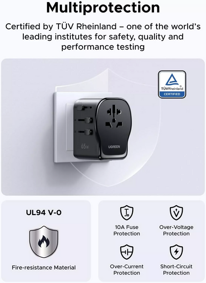 UGREEN Travel S550 mrežni punjač (55001), 65W, 3.25A, 1 x USB-A - 2 x USB-C, Crna