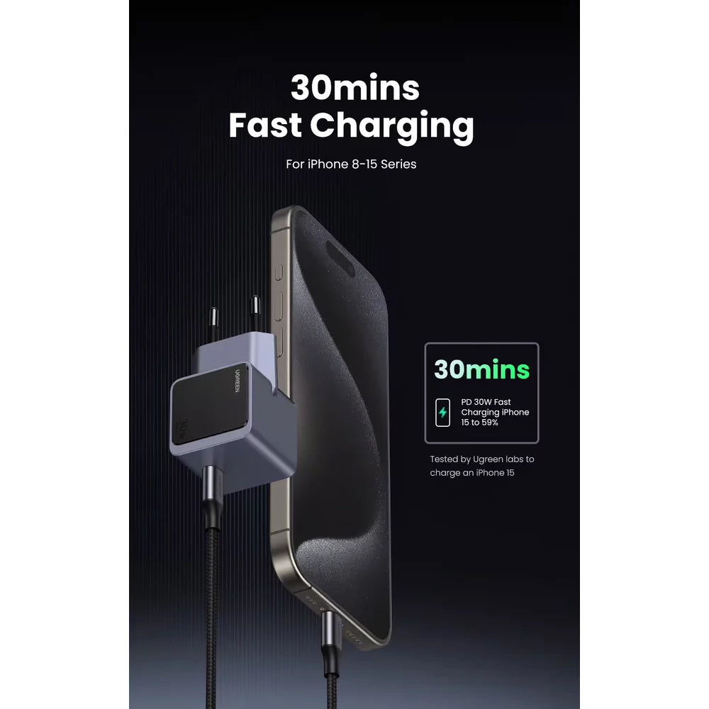 Punjač za mrežu UGREEN X503 Nexode Air, 30W, 3A, 1 x USB-C, Sivi