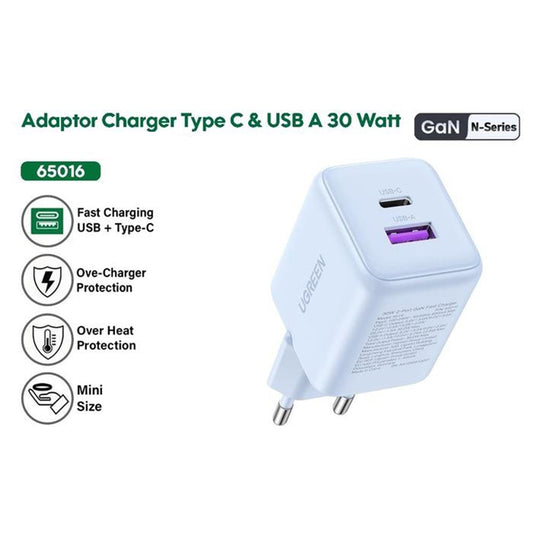 Punjač mreže UGREEN X516, 30W, 3A, 1 x USB-A - 1 x USB-C, Crni