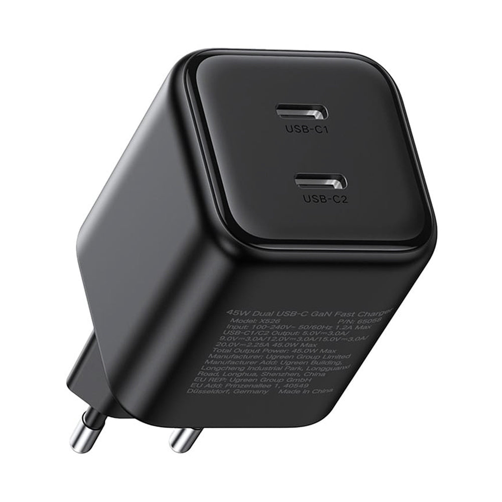 Mrežni punjač UGREEN X526 (65058), 45W, 3A, 2 x USB-C, Crni