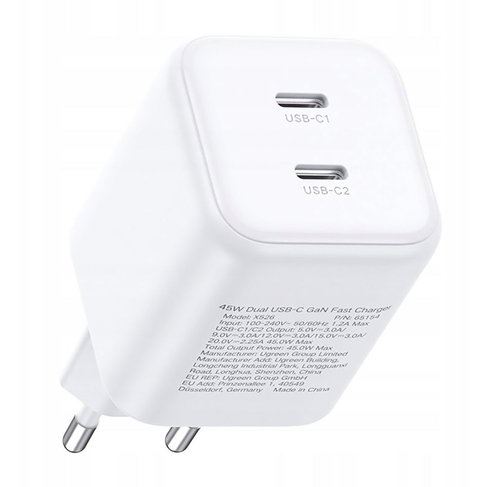 Mrežni punjač UGREEN X526 (65154), 45W, 3A, 2 x USB-C, Bijeli
