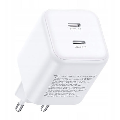 Mrežni punjač UGREEN X526 (65154), 45W, 3A, 2 x USB-C, Bijeli