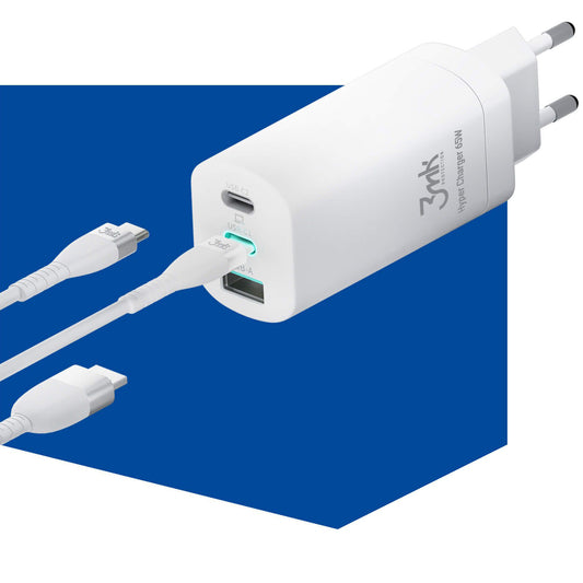 Mrežni punjač 3MK HyperCharger, 65W, 5A, 1 x USB-A - 2 x USB-C, Bijela