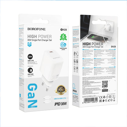 Punjač mreže s USB-C kabelom Borofone BN28 Fuente, 30W, 3A, 1 x USB-C, Bijeli