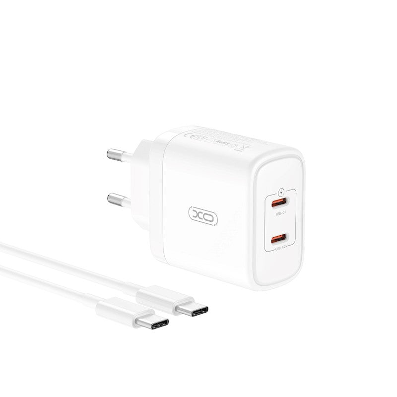 Punjač za mrežu s USB-C kabelom XO Design CE08, 50W, 3A, 2 x USB-C, bijeli
