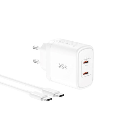 Punjač za mrežu s USB-C kabelom XO Design CE08, 50W, 3A, 2 x USB-C, bijeli
