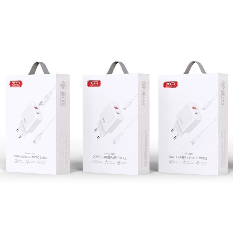 Mrežni punjač s USB-C kabelom XO Design CE12, 20W, 3A, 1 x USB-A - 1 x USB-C, Bijeli