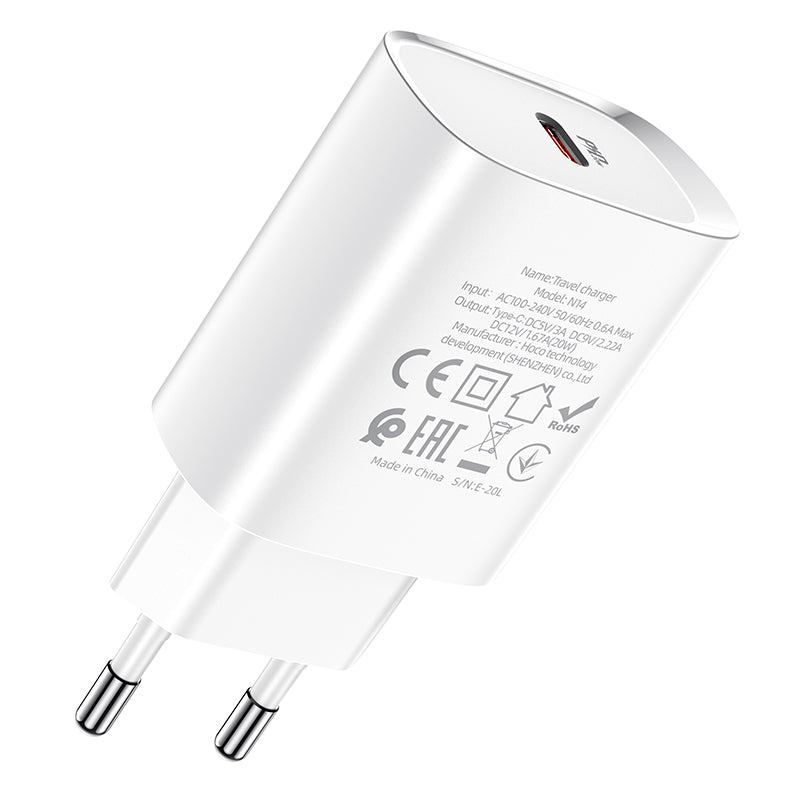 Punjač za mrežu HOCO N14, 20W, 3A, 1 x USB-C, Bijeli